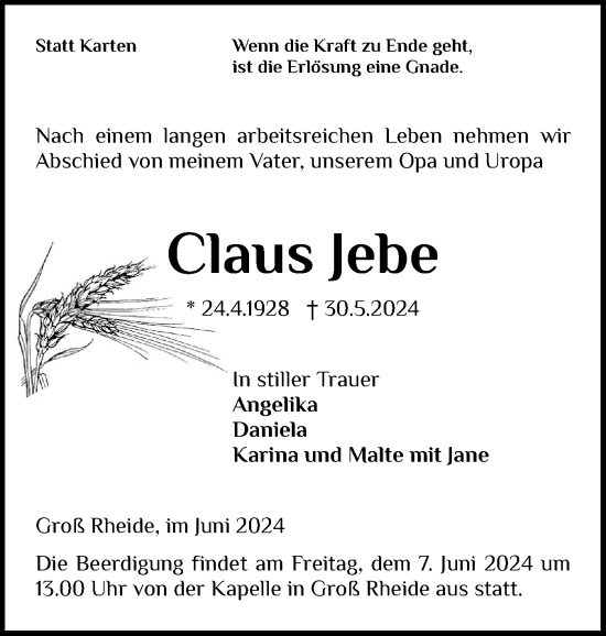 Traueranzeige von Claus Jebe von Schleswiger Nachrichten, Schlei-Bote