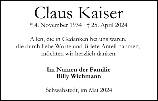 Traueranzeige von Claus Kaiser von Husumer Nachrichten, Nordfriesland Tageblatt