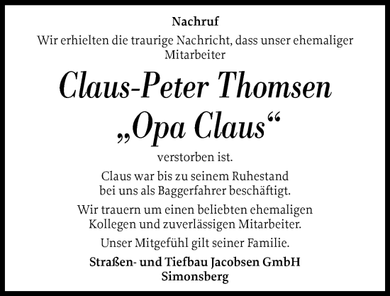 Traueranzeige von Claus-Peter Thomsen von Husumer Nachrichten, Nordfriesland Tageblatt