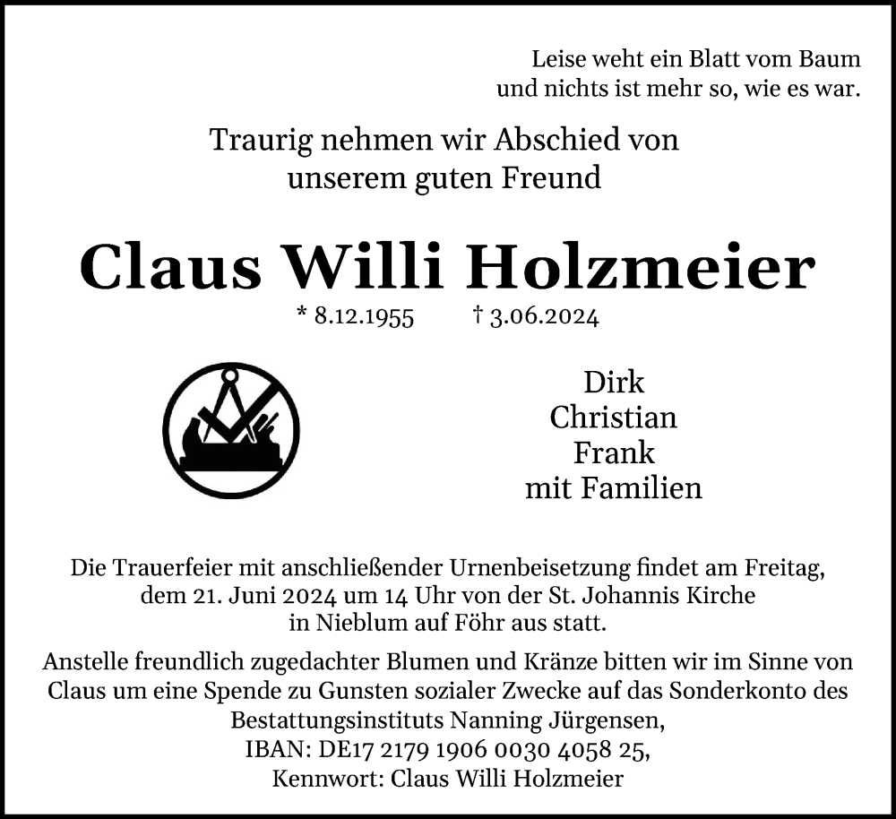  Traueranzeige für Claus Willi Holzmeier vom 15.06.2024 aus Der Insel-Bote