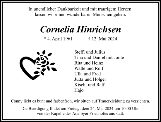Traueranzeige von Cornelia Hinrichsen von Flensburger Tageblatt