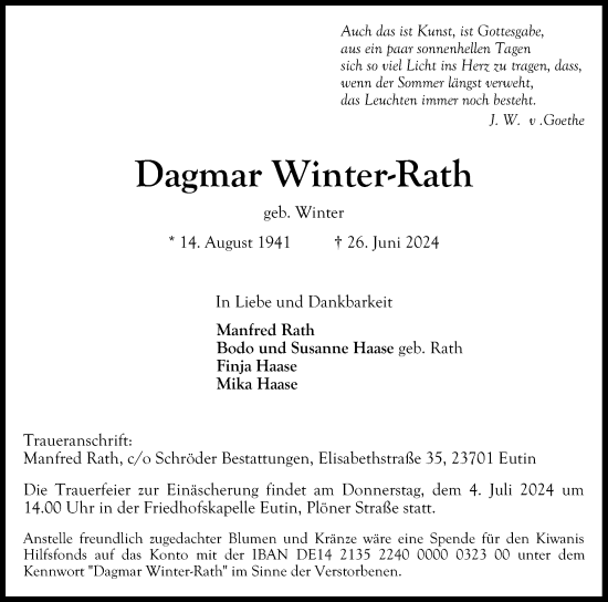 Traueranzeige von Dagmar Winter-Rath von Ostholsteiner Anzeiger