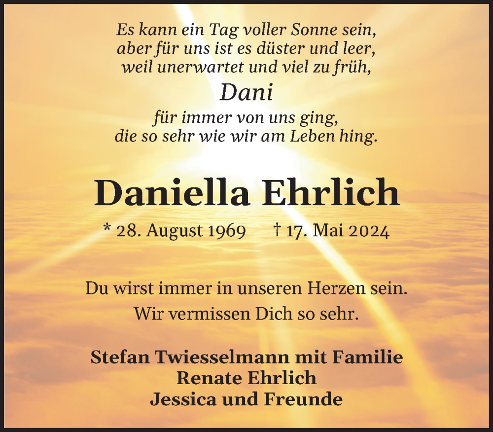  Traueranzeige für Daniella Ehrlich vom 15.06.2024 aus Region Pinneberg und tip Pinneberg