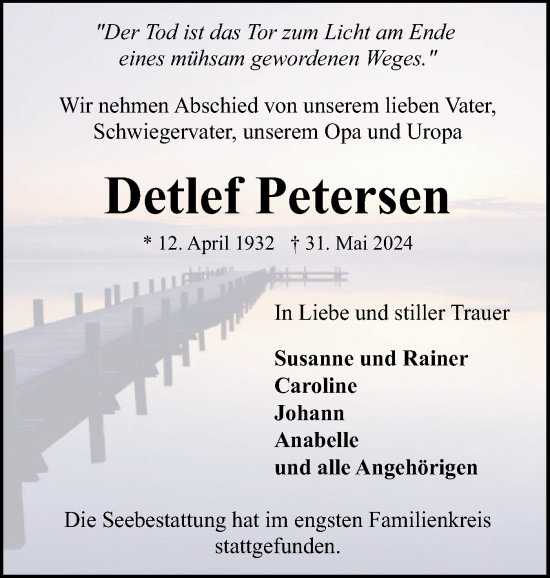 Traueranzeige von Detlef Petersen von Flensburger Tageblatt