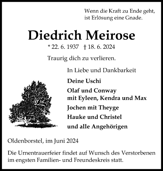 Traueranzeige von Diedrich Meirose von Norddeutsche Rundschau, Wilstersche Zeitung, Glückstädter Fortuna