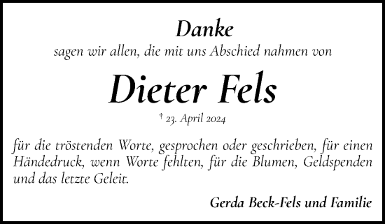 Traueranzeige von Dieter Fels von Flensburger Tageblatt