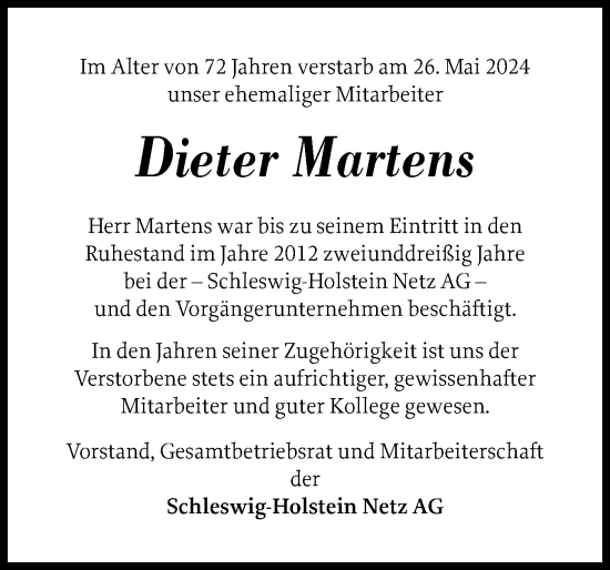 Traueranzeige von Dieter Martens von Schleswig-Holsteinische Landeszeitung