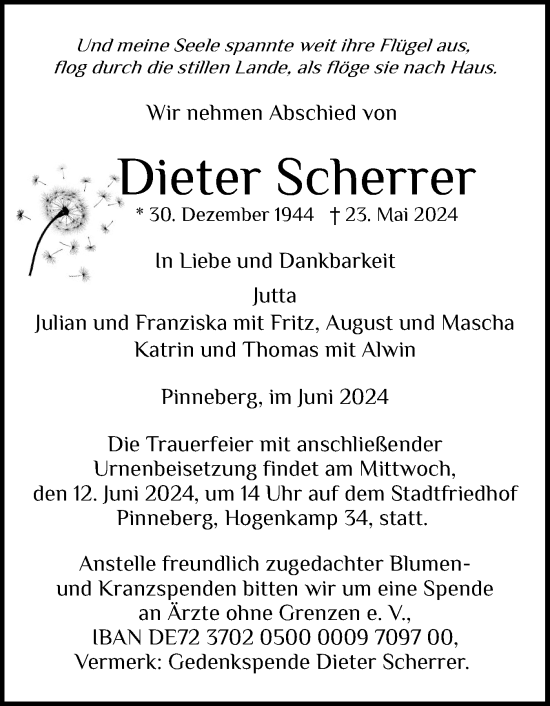 Traueranzeige von Dieter Scherrer von Region Pinneberg und tip Pinneberg