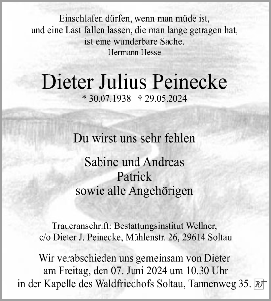Traueranzeige von Dieter Julius Peinecke von Schleswiger Nachrichten, Schlei-Bote