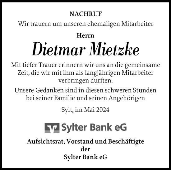 Traueranzeige von Dietmar Mietzke von Sylter Rundschau