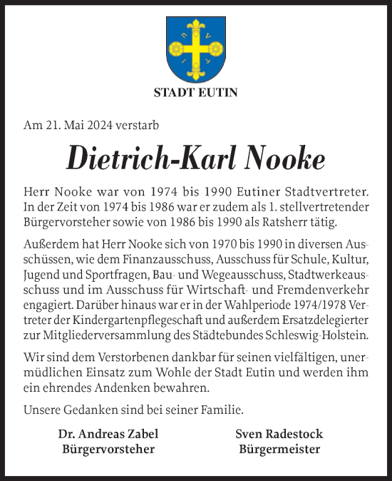 Traueranzeige von Dietrich-Karl Nooke von Ostholsteiner Anzeiger