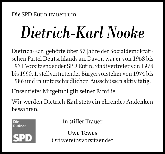 Traueranzeige von Dietrich-Karl Nooke von Ostholsteiner Anzeiger