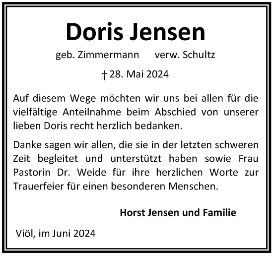 Traueranzeige von Doris Jensen von Husumer Nachrichten, Nordfriesland Tageblatt