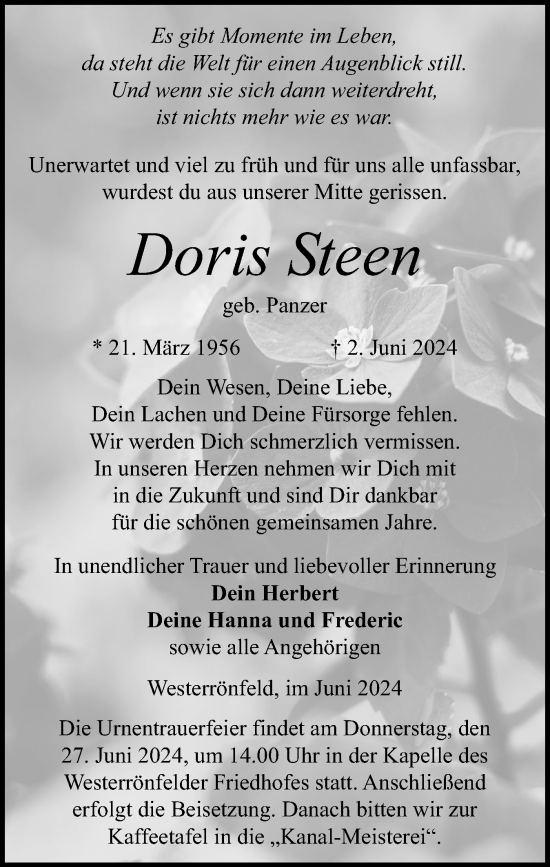 Traueranzeige von Doris Steen von Schleswig-Holsteinische Landeszeitung