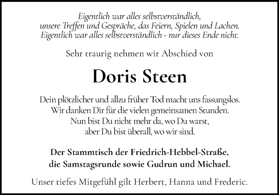 Traueranzeige von Doris Steen von Schleswig-Holsteinische Landeszeitung
