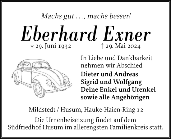 Traueranzeige von Eberhard Exner von Husumer Nachrichten, Nordfriesland Tageblatt