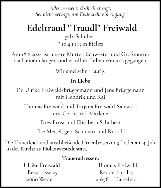 Traueranzeige von Edeltraud Freiwald von Schleswig-Holsteinische Landeszeitung