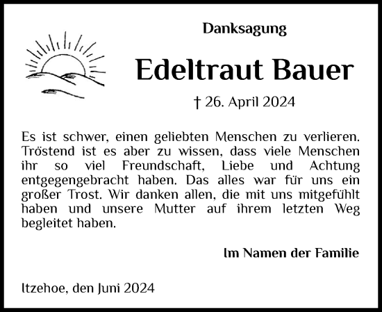 Traueranzeige von Edeltraut Bauer von Norddeutsche Rundschau, Wilstersche Zeitung, Glückstädter Fortuna