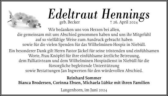 Traueranzeige von Edeltraut Hennings von Husumer Nachrichten, Nordfriesland Tageblatt