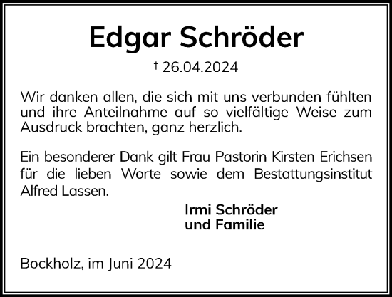 Traueranzeige von Edgar Schröder von Schleswiger Nachrichten, Schlei-Bote