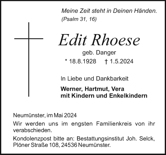 Traueranzeige von Edit Rhoese von Holsteinischer Courier