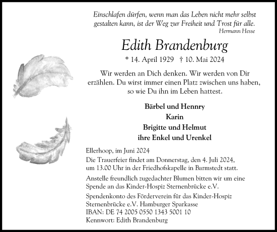 Traueranzeige von Edith Brandenburg von Elmshorner Nachrichten, Barmstedter Zeitung
