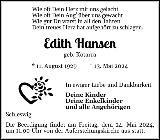 Traueranzeige von Edith Hansen von Schleswiger Nachrichten, Schlei-Bote