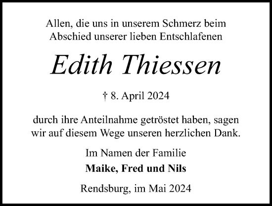 Traueranzeige von Edith Thiessen von Schleswig-Holsteinische Landeszeitung