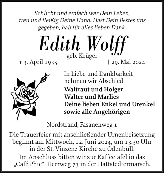 Traueranzeige von Edith Wolff von Husumer Nachrichten, Nordfriesland Tageblatt