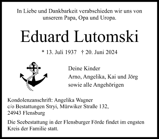 Traueranzeige von Eduard Lutomski von Flensburger Tageblatt