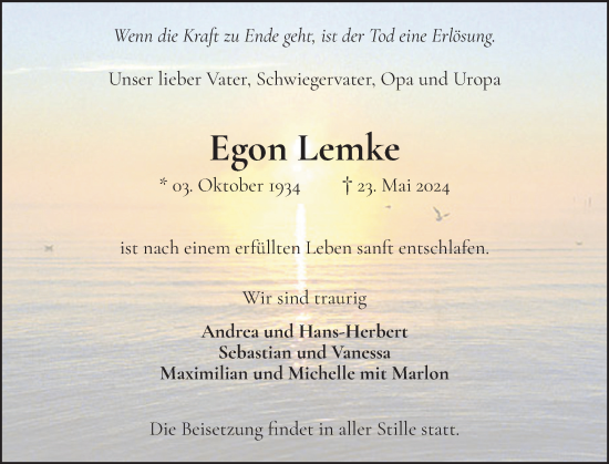 Traueranzeige von Egon Lemke von Elmshorner Nachrichten, Barmstedter Zeitung