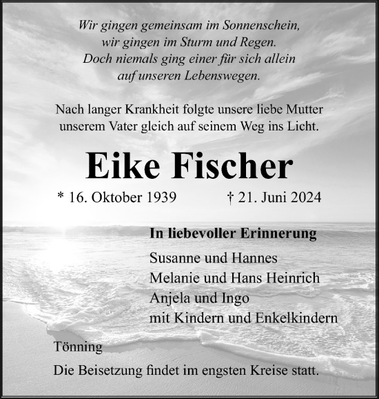 Traueranzeige von Eike Fischer von Husumer Nachrichten, Nordfriesland Tageblatt