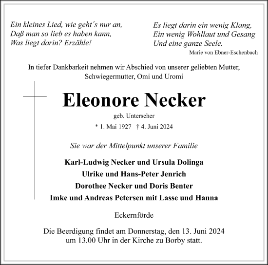 Traueranzeige von Eleonore Necker von Eckernförder Zeitung
