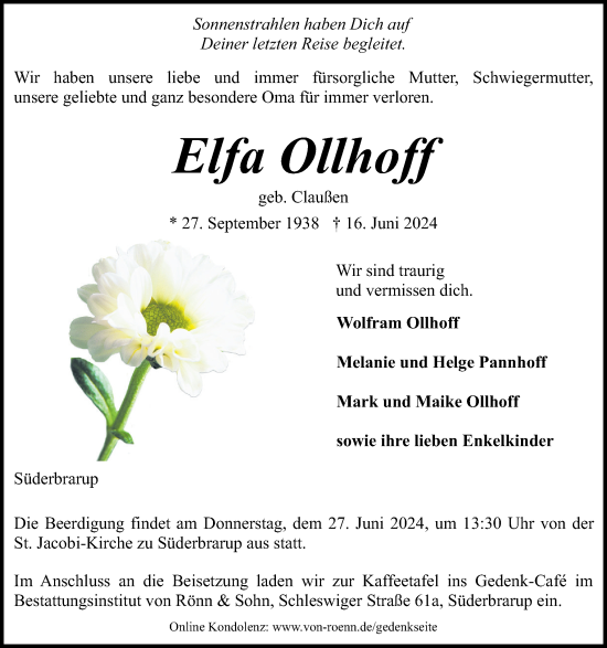 Traueranzeige von Elfa Ollhoff von Schleswiger Nachrichten, Schlei-Bote
