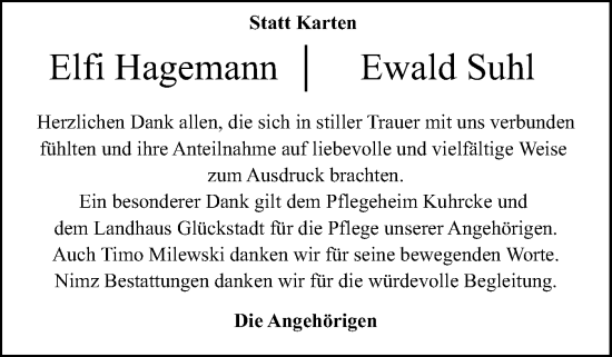 Traueranzeige von Elfi Hagemann von Norddeutsche Rundschau, Wilstersche Zeitung, Glückstädter Fortuna