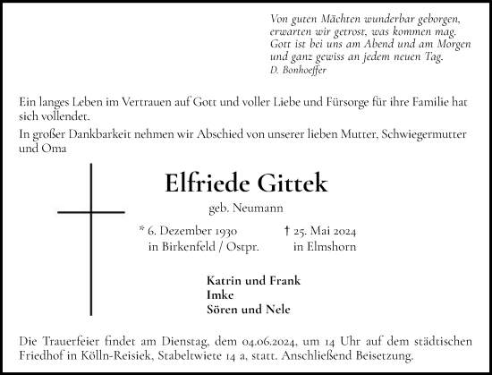 Traueranzeige von Elfriede Gittek von Elmshorner Nachrichten, Barmstedter Zeitung