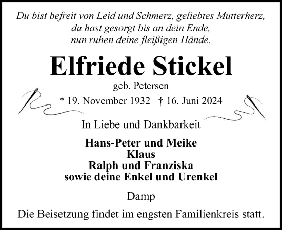 Traueranzeige von Elfriede Stickel von Eckernförder Zeitung, Hallo Eckernförde