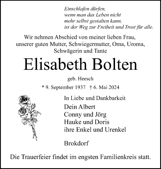 Traueranzeige von Elisabeth Bolten von Norddeutsche Rundschau, Wilstersche Zeitung, Glückstädter Fortuna