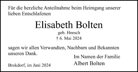 Traueranzeige von Elisabeth Bolten von Norddeutsche Rundschau, Wilstersche Zeitung, Glückstädter Fortuna