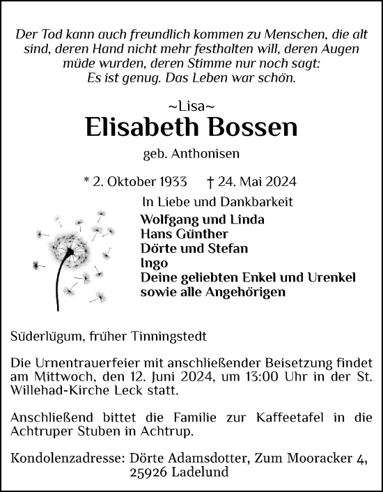 Traueranzeige von Elisabeth Bossen von Husumer Nachrichten, Nordfriesland Tageblatt