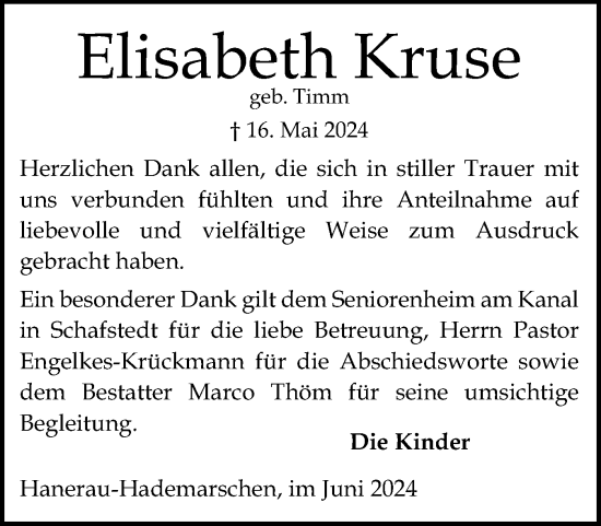 Traueranzeige von Elisabeth Kruse von Schleswig-Holsteinische Landeszeitung
