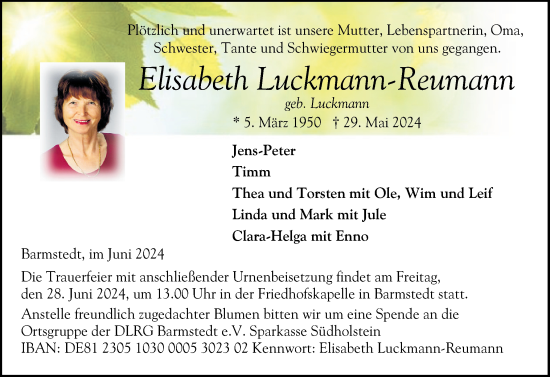 Traueranzeige von Elisabeth Luckmann-Reumann von Elmshorner Nachrichten, Barmstedter Zeitung