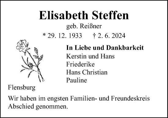 Traueranzeige von Elisabeth Steffen von Flensburger Tageblatt