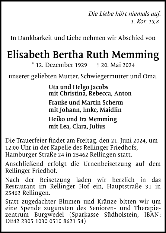 Traueranzeige von Elisabeth Bertha Ruth Memming von Region Pinneberg und tip Pinneberg
