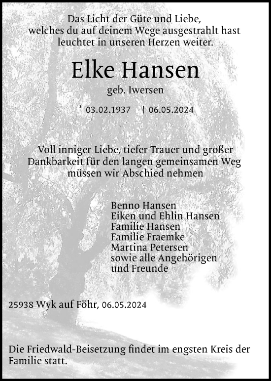 Traueranzeige von Elke Hansen von Der Insel-Bote