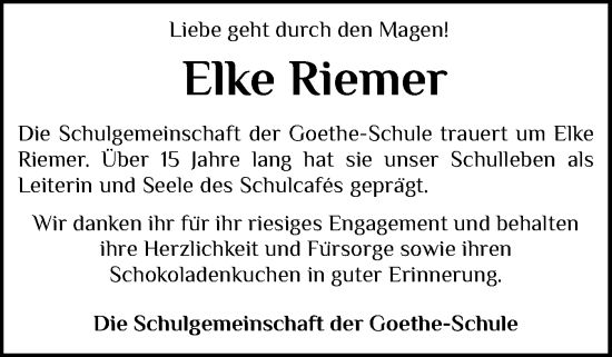 Traueranzeige von Elke Riemer von Flensburger Tageblatt