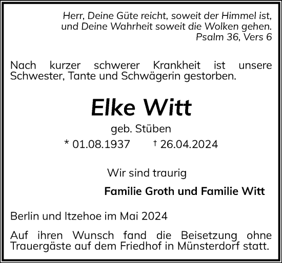 Traueranzeige von Elke Witt von Norddeutsche Rundschau, Wilstersche Zeitung, Glückstädter Fortuna