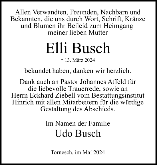 Traueranzeige von Elli Busch von Uetersener Nachrichten, Der tip am Wochenende