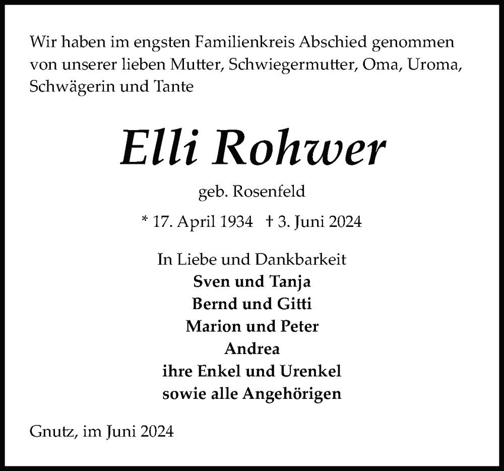  Traueranzeige für Elli Rohwer vom 15.06.2024 aus Schleswig-Holsteinische Landeszeitung