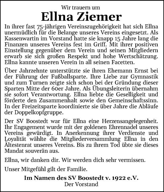 Traueranzeige von Ellna Ziemer von Holsteinischer Courier